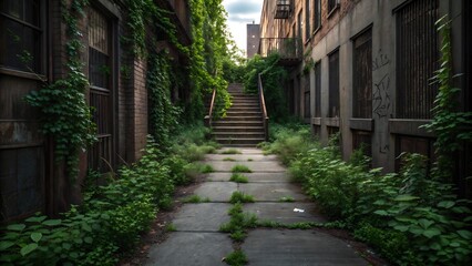 An overgrown alleyway with stairs leading up to a building, showcasing nature reclaiming urban spaces with greenery and decay