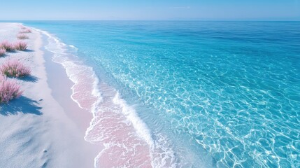 Aerial View of Tropical White Sandy Beach Meeting Azure Water with Pink Floral Accents Under Bright Sunlight in Serene Coastal Landscape