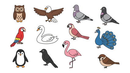 Obraz premium Birds of a Feather: A vibrant assortment of diverse bird species, from the wise owl to the regal eagle, showcases the beauty and variety of avian life with colorful illustrations.