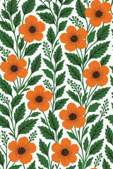 "Seamless Floral Pattern with Orange Flowers and Green Leaves &ndash; Botanical Decorative Design for Fabric, Wallpaper, and Prints"