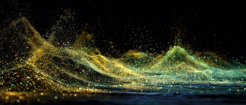 Abstract Golden and Green Particle Wave on Black Background.