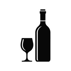 Elegant Wine Bottle and Glass Icon Silhouette on White Background
