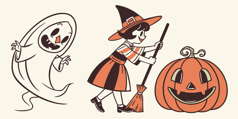 A collection of vintage style halloween characters including a ghost, pumpkin and witch. Vector illustration