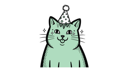 Whimsical Feline Festivity: An illustrated green cat dons a party hat, exuding charm and cheer in a delightful cartoon depiction.