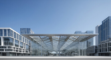 Fototapeta premium Minimalist futuristic train station exterior with clean glass walls and wide clear sky copy space background