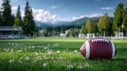 American Football Ball Lying on Green Grass Field with Mountain Background and Blue Sky