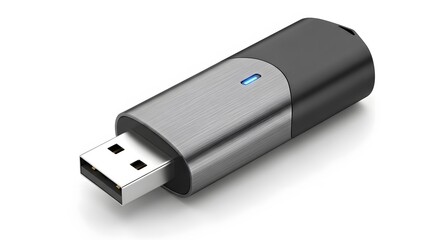 Modern USB flash drive with blue LED indicator light isolated on a white background.