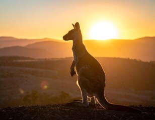 Kangaroo at sunset over hills