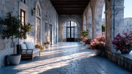 Ancient Stone Corridor with Arches and Flowers in Sunlight