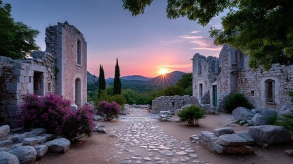 Ancient Stone Ruins at Sunset with Pink Flowers and Lush Green Trees Under Dramatic Sky in HDR
