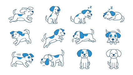 Fototapeta premium Puppy Cartoon Set: Delightful cartoon set of puppies, each exhibiting unique postures and emotions, ranging from playful to restful. A heartwarming illustration, conveying joy and canine character.