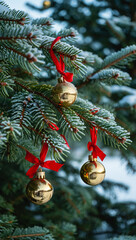 Golden Christmas baubles on snow-covered tree branches with red ribbons and winter sunlight. AI generated.
