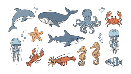 Ocean Creature Collection: A charming illustration features a diverse collection of whimsical marine life, each creature with a unique design and personality.