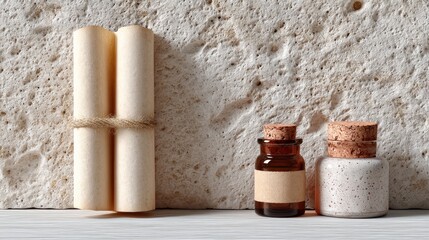 Antique Paper Scroll Mockup with Two Glass Bottles on Textured Stone Background in Neutral Tones