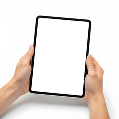 Student hands holding digital tablet with blank white screen