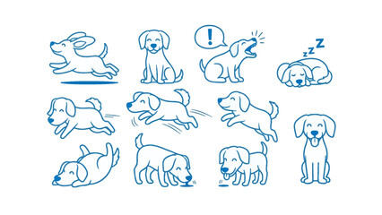 Playful Puppies in Action: Animated illustration of several charming cartoon puppies, capturing their boundless energy and distinct actions, from running and barking to sleeping and playing.