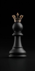 A polished black chess queen piece, adorned with a golden crown, stands majestically against a deep black backdrop, highlighting its elegant form and regal aura.