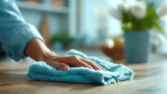Hand cleaning wooden surface with blue microfiber cloth wipe table dust removal hygiene care attention detail household chores indoor home furniture maintenance lifestyle neat tidy texture background