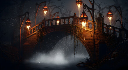 Enigmatic Bridge in Misty Night: A mystical stone bridge, adorned with glowing lanterns, spans a misty expanse under a darkened sky. The scene exudes an atmosphere of mystery and tranquility.