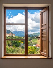 Open window view of mountains and valleys