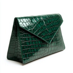 A crocodile texture faux leather clutch in deep green color, side view, clutch bag isolated on white background color, photorealistic accuracy, good composition, high resolution