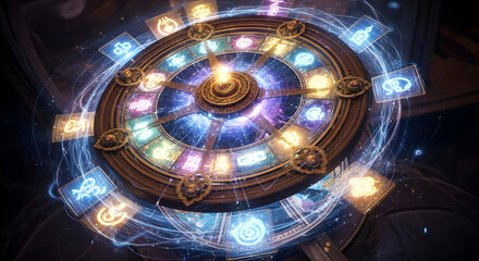 Fototapeta premium Cosmic Mechanism: A mesmerizing, circular arrangement of symbols, illuminated by an inner light, hints at mysteries of knowledge and the universe. 