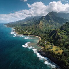 Lush, tropical coastline with dramatic mountains