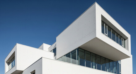Contemporary minimalist library building with geometric concrete exterior and wide blue sky copy space above