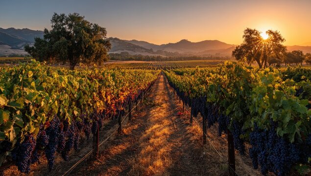 Vineyard at sunrise. Lush grapevines line a path leading to a golden sunrise over rolling hills