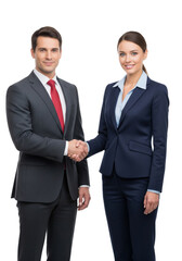A businessman in a suit and a businesswoman in formal office wear shaking hands, confident and successful business partners, isolated on white or transparent background