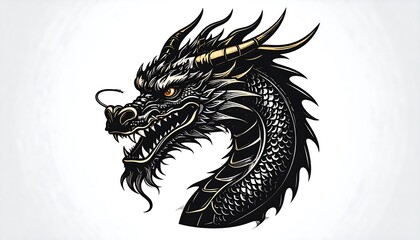 A dramatic profile view of a fierce dragon head, rendered in bold black and accented with golden highlights, set against a plain white background.