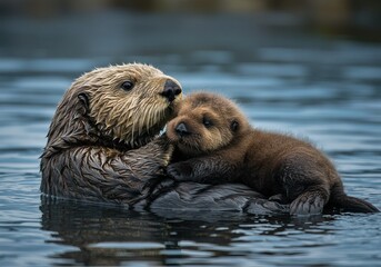 Fototapeta premium Very cute sea otter and its baby floating on the surface of ocean
