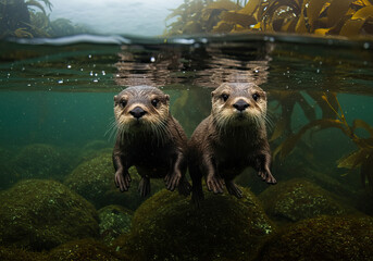 Very cute sea otter couple swimming in the ocean