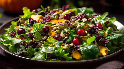 Autumn Harvest Salad:  Cranberry, Pumpkin, and Seed Mix on Dark Plate