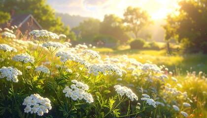 A field of vibrant white wildflowers bursts with life under a sun-drenched summer sky, bathed in golden light.