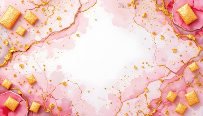Elegant Pink and White Watercolor Ink Background with Golden Cracks and Marble Effect