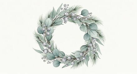 Watercolor winter wreath isolated on white background with silver accents