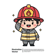 Adorable Firefighter Chibi Character Saluting with Stars and Safety Helmet, Ready for Action