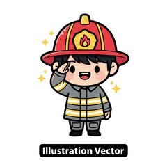 Cute cartoon firefighter character in uniform saluting with stars in the background