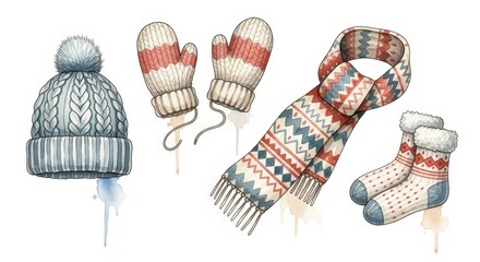 Watercolor winter accessories isolated on white background for a cozy season