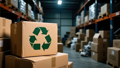 Recycling Symbol on Cardboard Boxes in Warehouse Stock Photo
