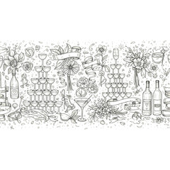 Celebration and Party Elements Border with Champagne Glasses and Flowers illustration untitled