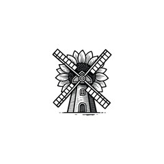 Fototapeta premium engraving style logo featuring a traditional European windmill with its blades overlaid on a large, detailed sunflower.