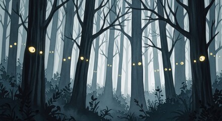 Eerie forest with glowing eyes in the dark, creating a spooky atmosphere