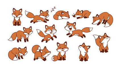Fototapeta premium Whimsical Foxes: A captivating arrangement of charming cartoon foxes in various poses, perfect for illustrating a world of imaginative, playful scenes and storytelling. 
