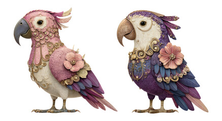Naklejka premium Colorful Fantasy Birds with Elegant Floral Designs and Unique Features
