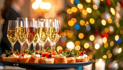 Festive Holiday Celebration: Champagne Flutes and Appetizers with Bokeh Christmas Tree