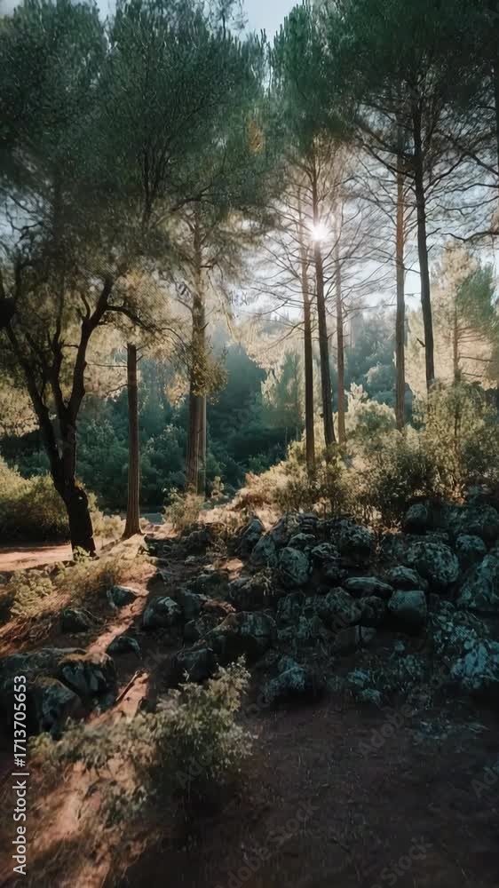 Poster a forest with a path and a rock in the foreground. the sun is shining through the trees, creating a 