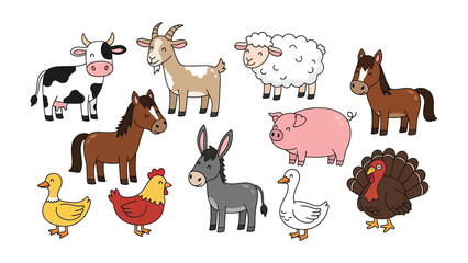 Obraz premium Farm Animal Collection: A whimsical illustration of a diverse farm animal collection, each characteristically depicted with its unique features, fostering a charming connection with farm life.