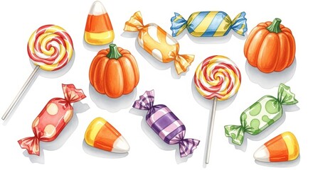 Assortment of colorful halloween candies, including lollipops, pumpkins, and corn
